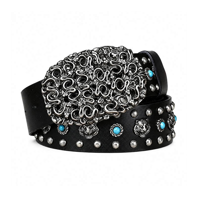Serpent Studded Leather Belt with Ornate Plate Buckle | 3.8cm Wide