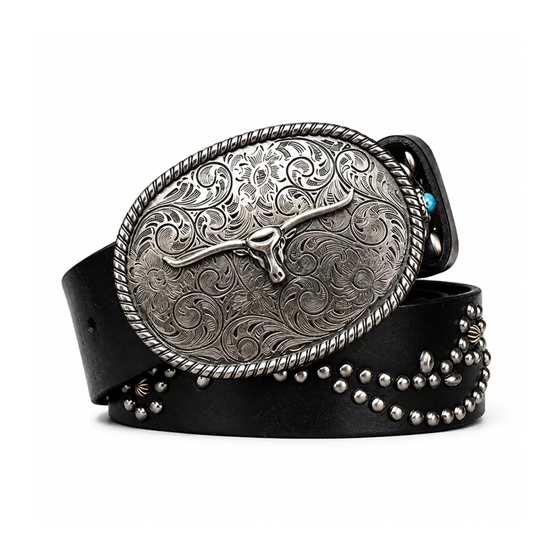 Sierra Longhorn Leather Belt with Engraved Plate Buckle | 3.8cm Wide