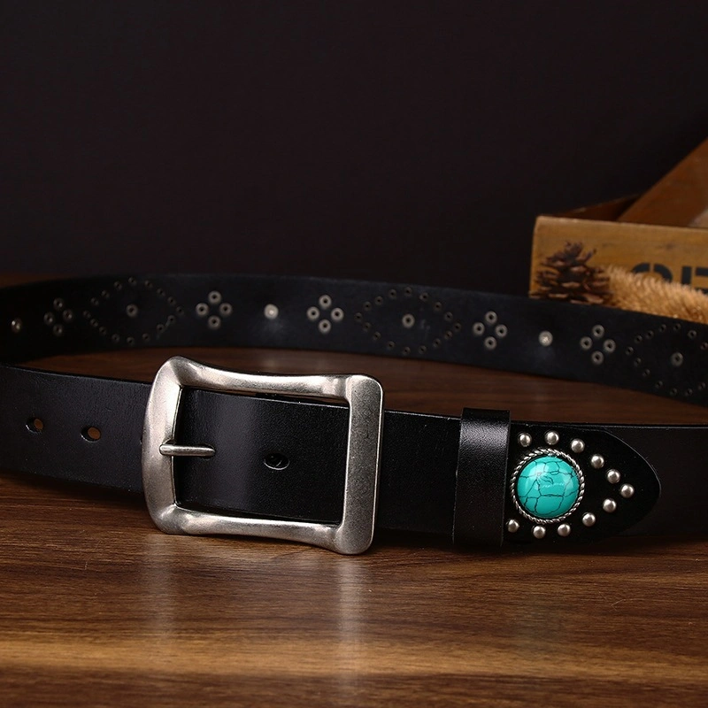 Sierra Turquoise-Accent Leather Belt with Alloy Buckle | 3.8cm Wide