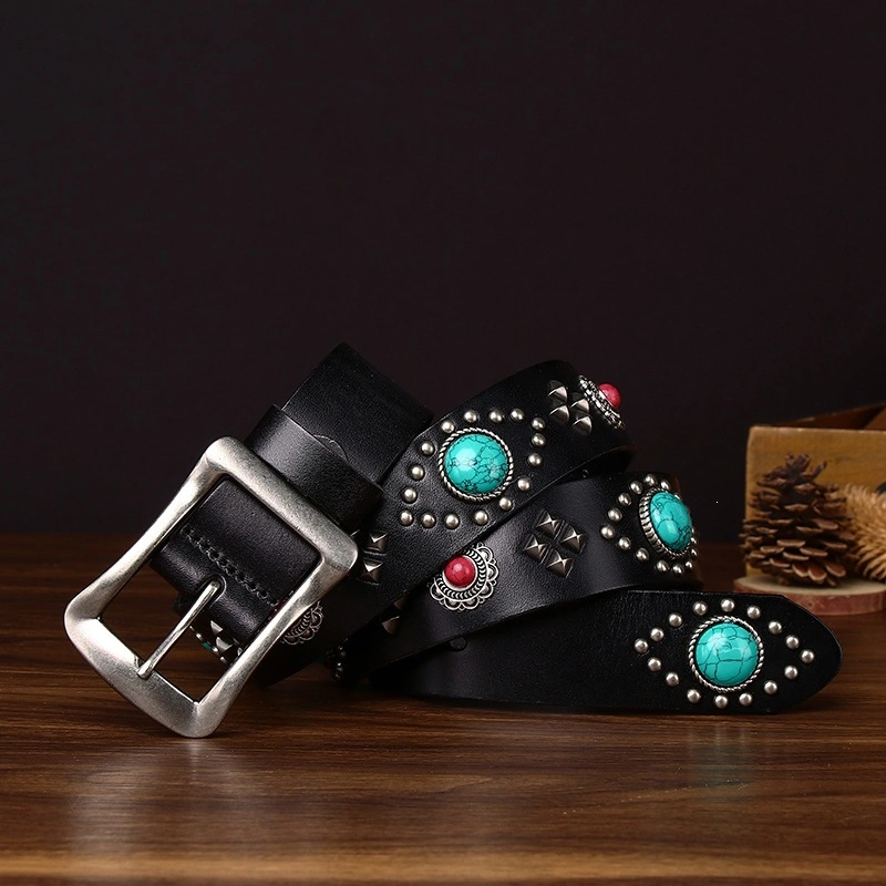 Sierra Turquoise-Accent Leather Belt with Alloy Buckle | 3.8cm Wide