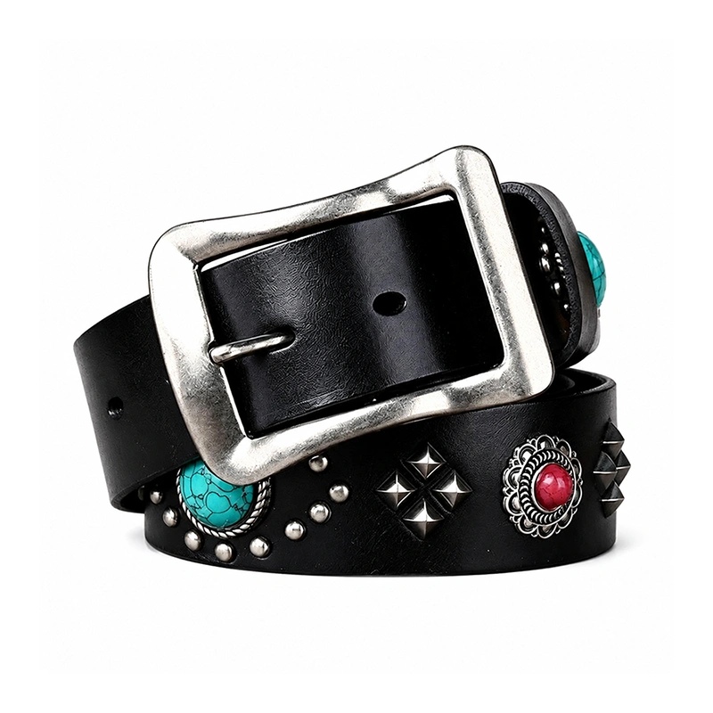 Sierra Turquoise-Accent Leather Belt with Alloy Buckle | 3.8cm Wide