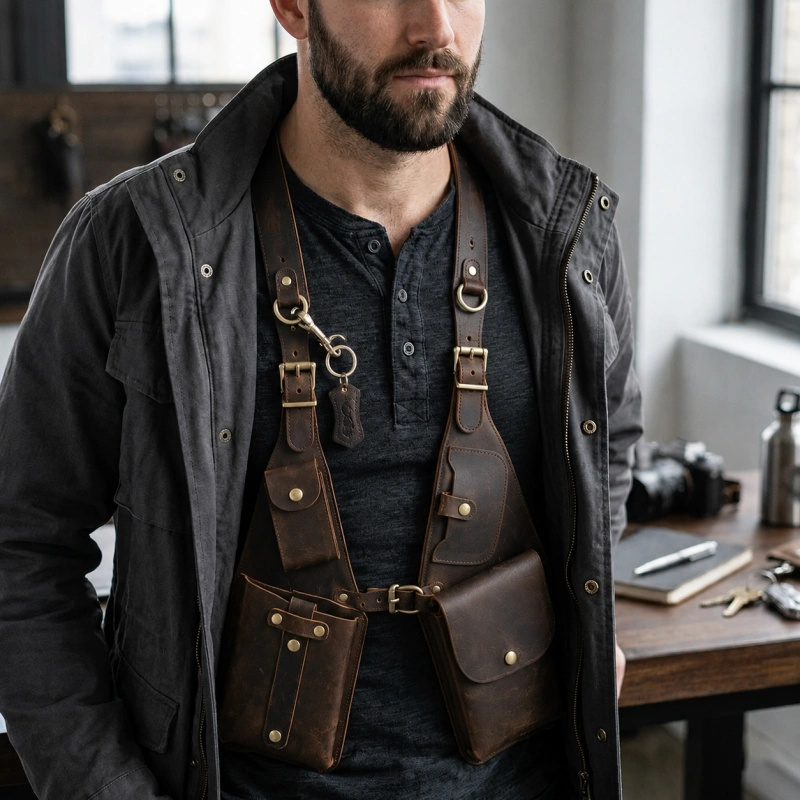 Multi-Pocket Leather Holster Bag for Men