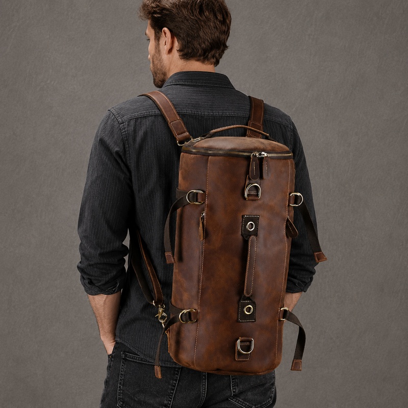 Convertible leather duffle backpack in vintage brown crazy horse leather
