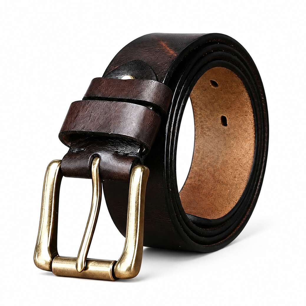 Men’s Full-Grain Leather Belt with Brass Buckle – 3.8cm Wide
