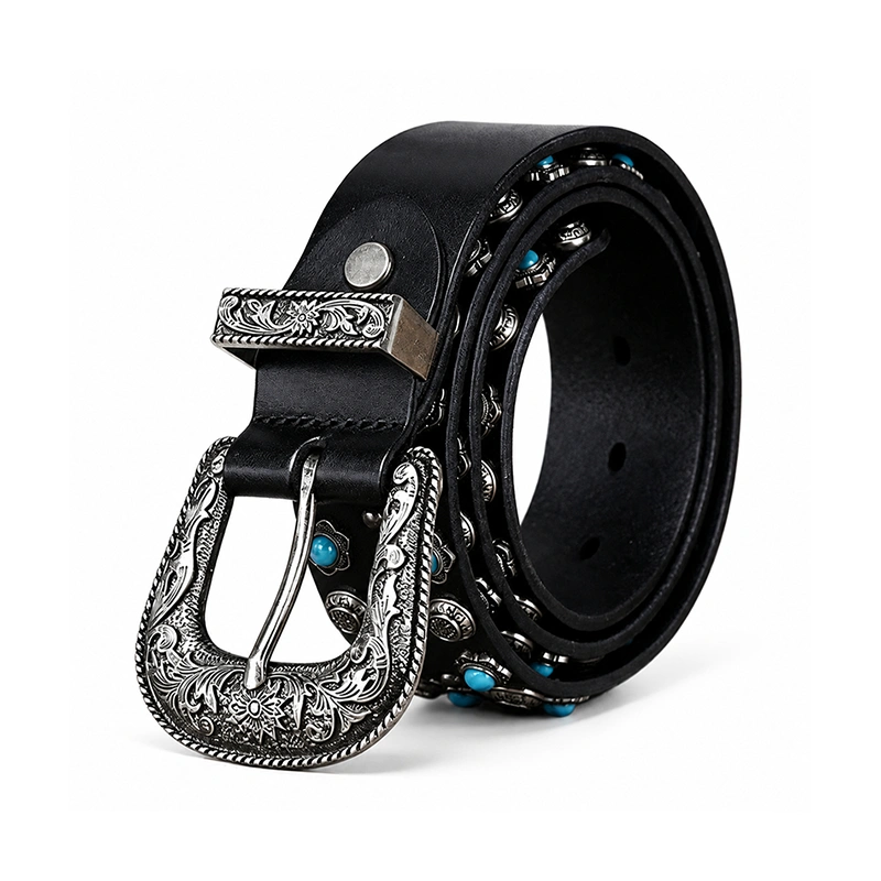 Heritage Western Leather Belt with Engraved Antique Silver-Tone Buckle | 3.8cm Wide