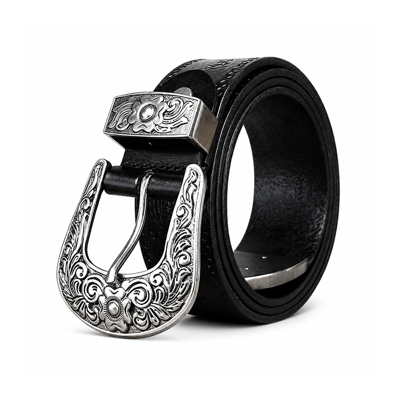 Embossed Full-Grain Leather Belt with Antique Silver-Tone Buckle | 3.8cm Wide