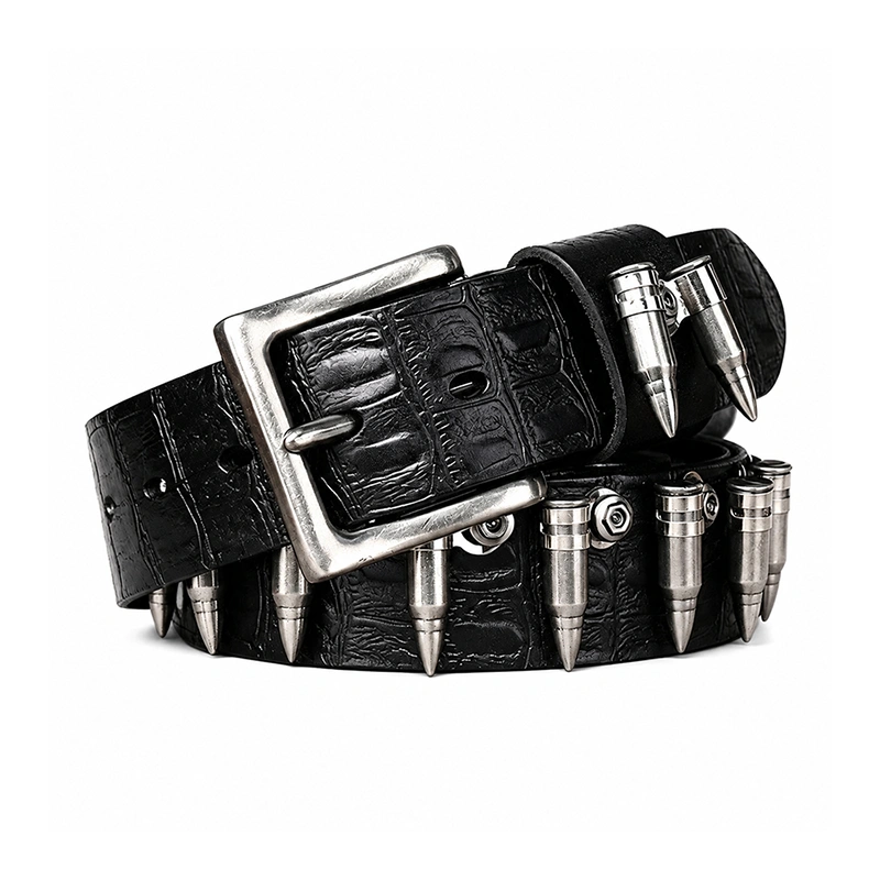 Croc-Embossed Leather Belt with Bullet-Style Studs | 3.8cm Wide