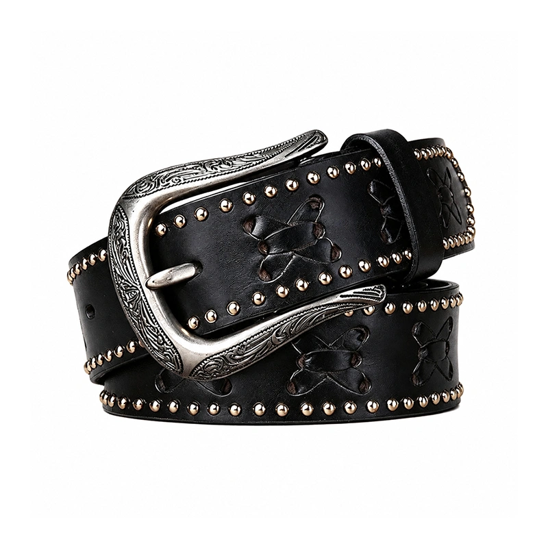 Bronco Lace Leather Belt with Engraved Alloy Buckle | 3.8cm Wide