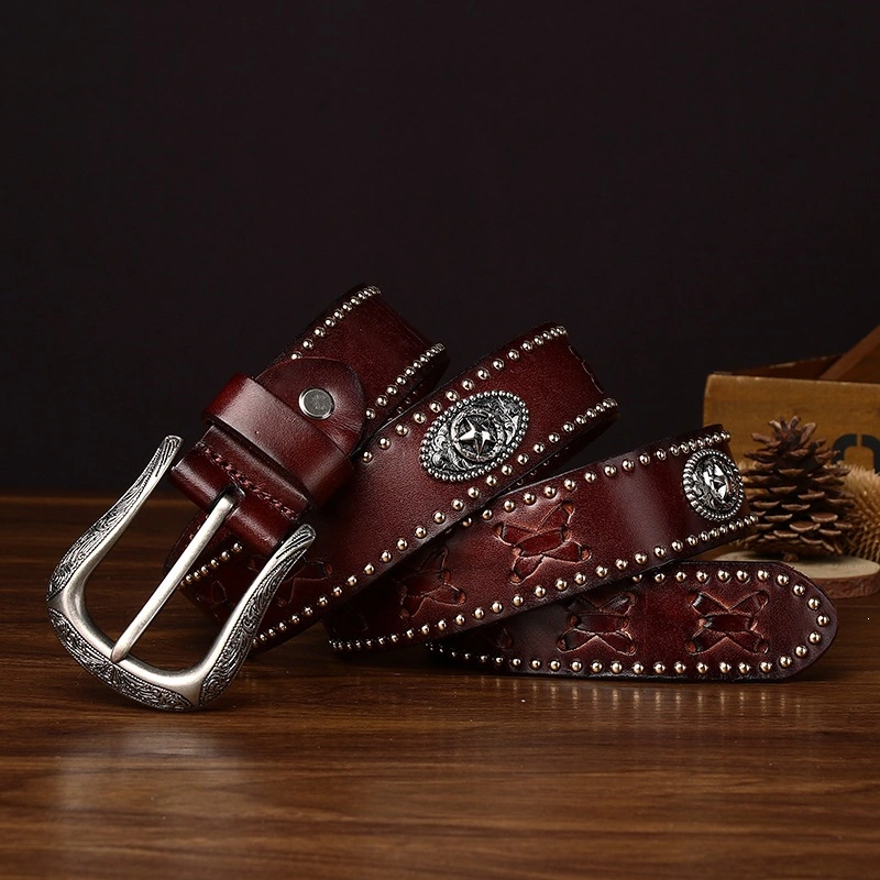 Bronco Lace Leather Belt with Engraved Alloy Buckle | 3.8cm Wide