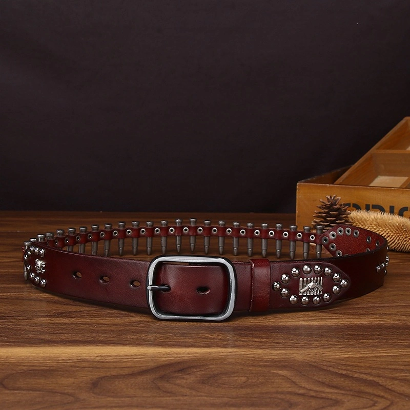 Forge Row Leather Belt with Bullet-Shaped Metal Accents | 3.8cm Wide