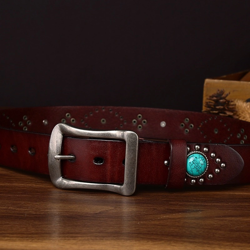 Sierra Turquoise-Accent Leather Belt with Alloy Buckle | 3.8cm Wide