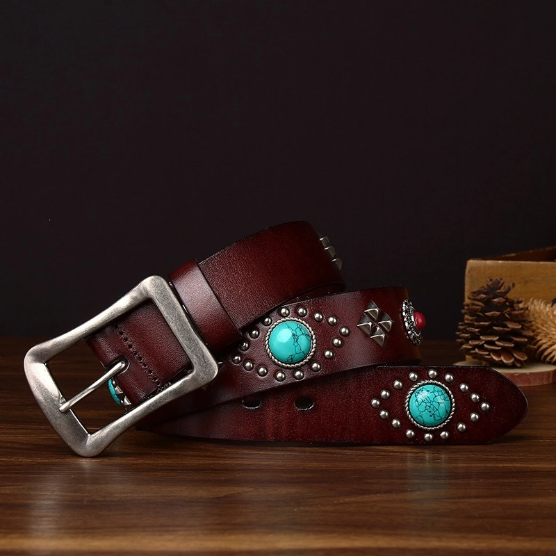 Sierra Turquoise-Accent Leather Belt with Alloy Buckle | 3.8cm Wide