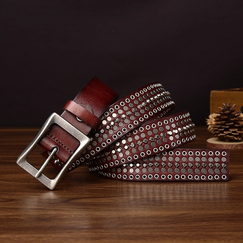 Studded Leather Belt with Alloy Pin Buckle | 3.8cm Wide