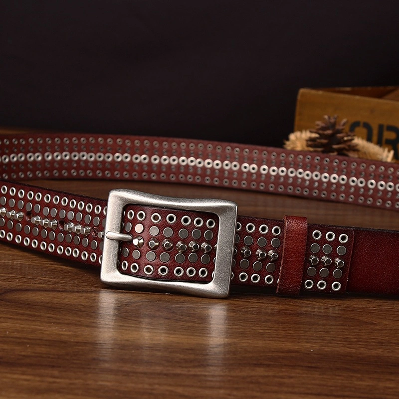 Studded Leather Belt with Alloy Pin Buckle | 3.8cm Wide