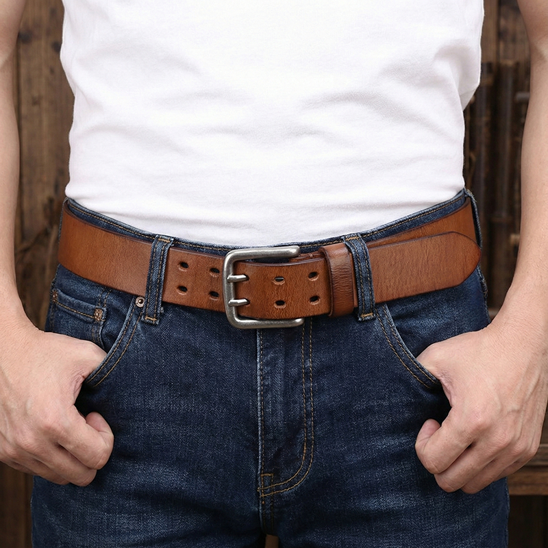 Double-buckle Genuine Leather Vintage Belt 3.8CM B04-KKICO