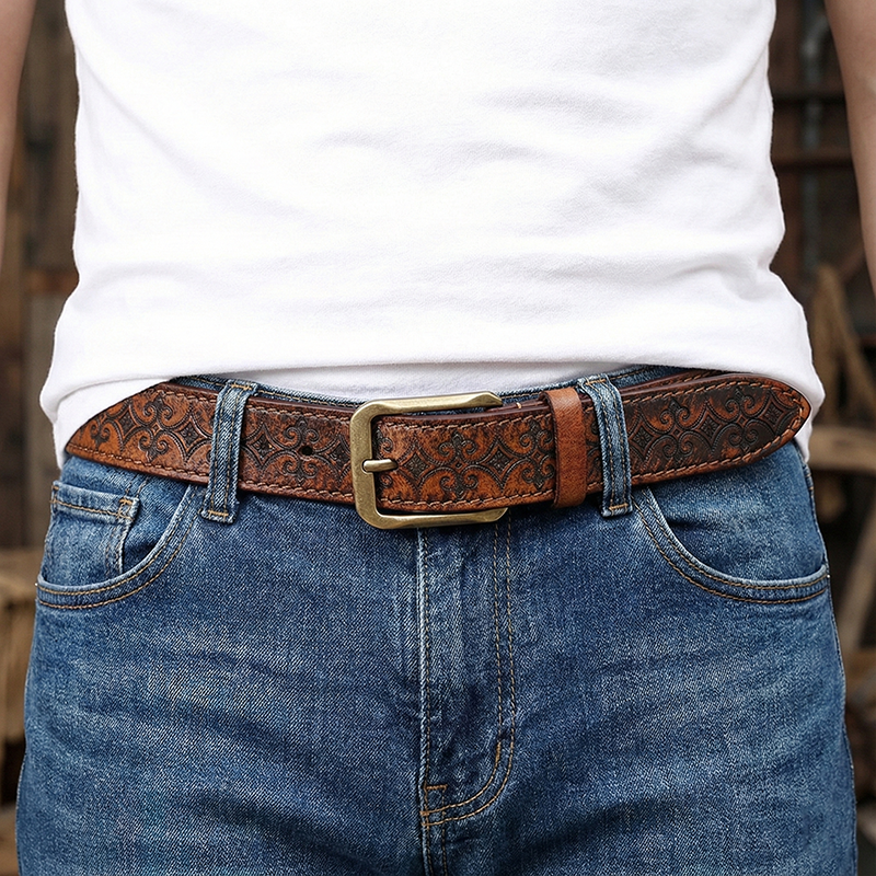 Genuine Leather Thickened Belt With Embossed Design 3.8cm B08
