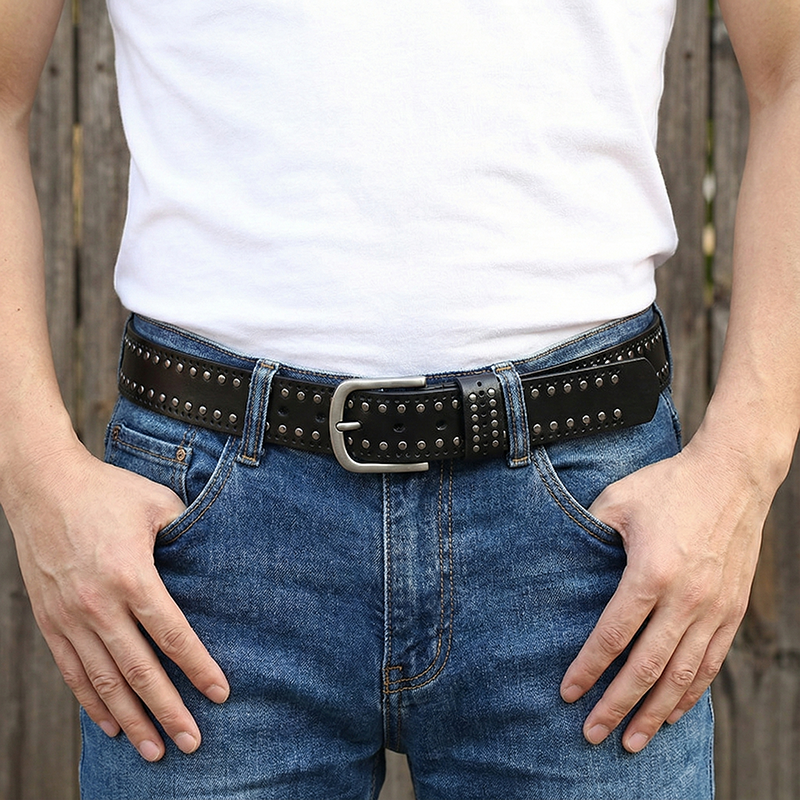 Cowhide Studded Punk Genuine Leather Belt 3.2cm Wide B18