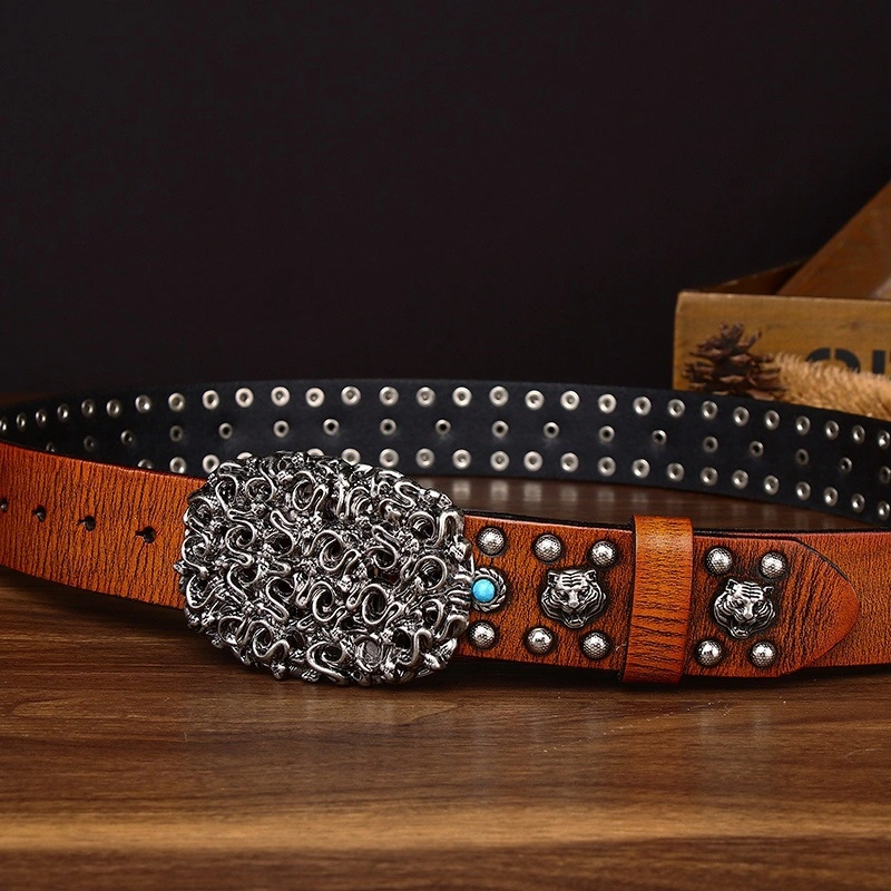 Serpent Studded Leather Belt with Ornate Plate Buckle | 3.8cm Wide