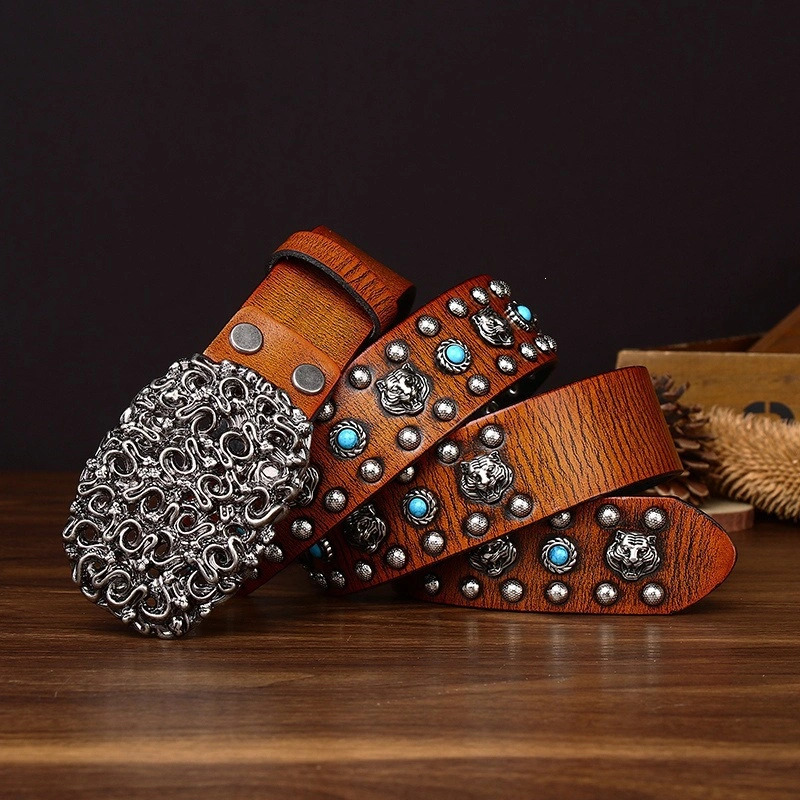 Serpent Studded Leather Belt with Ornate Plate Buckle | 3.8cm Wide