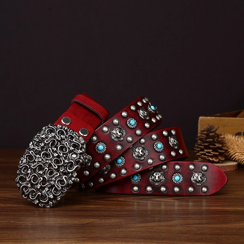 Serpent Studded Leather Belt with Ornate Plate Buckle | 3.8cm Wide