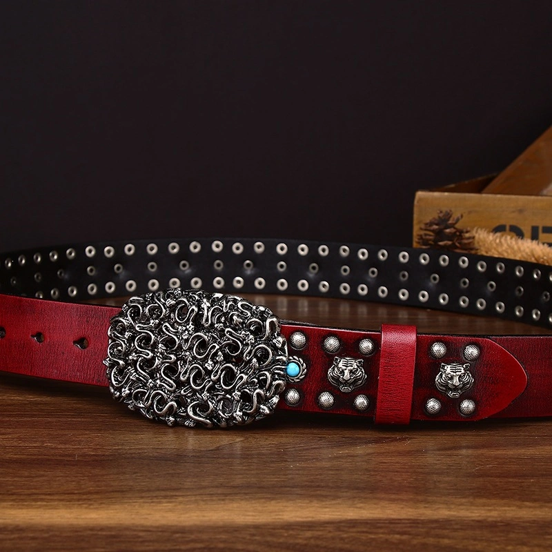 Serpent Studded Leather Belt with Ornate Plate Buckle | 3.8cm Wide
