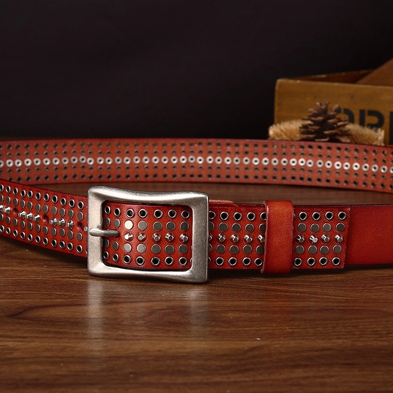 Studded Leather Belt with Alloy Pin Buckle | 3.8cm Wide