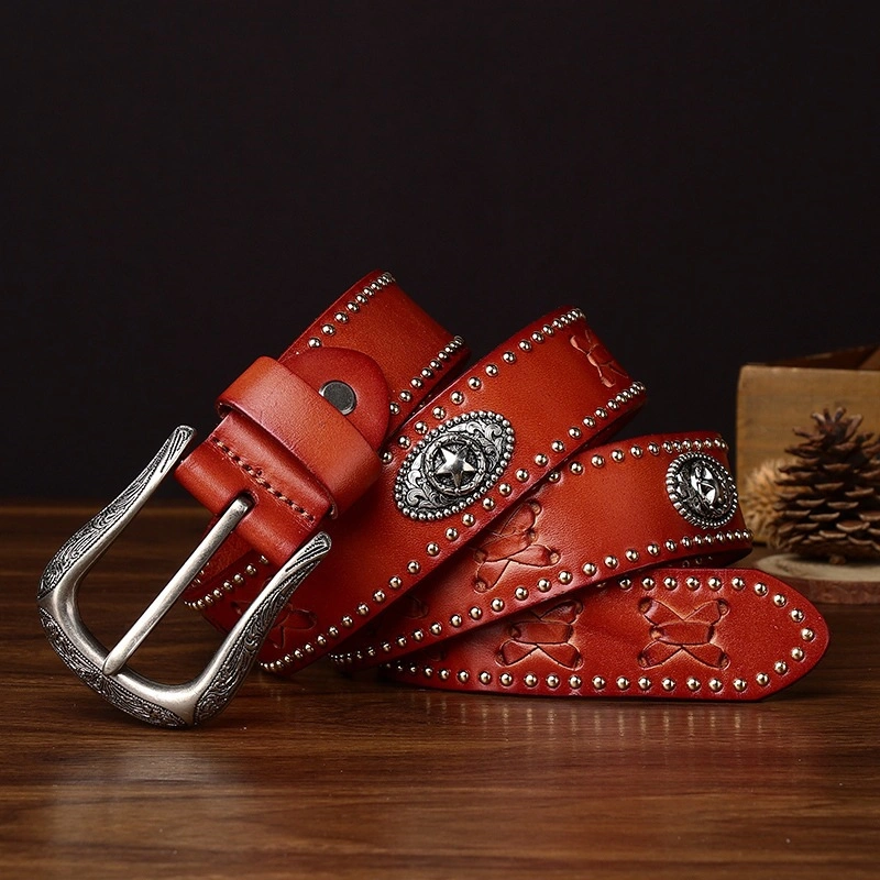 Bronco Lace Leather Belt with Engraved Alloy Buckle | 3.8cm Wide
