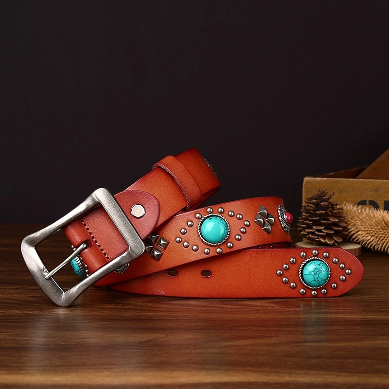 Sierra Turquoise-Accent Leather Belt with Alloy Buckle | 3.8cm Wide