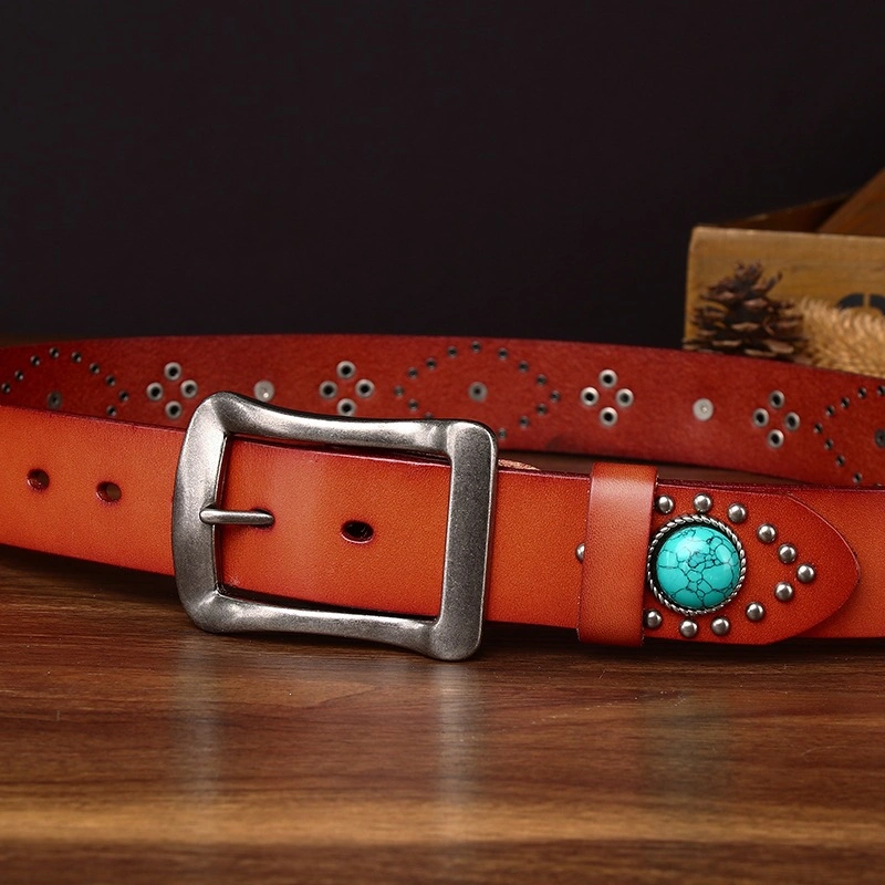 Sierra Turquoise-Accent Leather Belt with Alloy Buckle | 3.8cm Wide