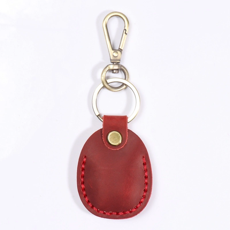 Wine red leather AirTag holder with key ring and clip