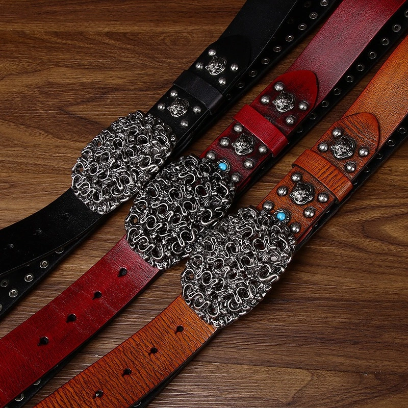 Serpent Studded Leather Belt with Ornate Plate Buckle | 3.8cm Wide