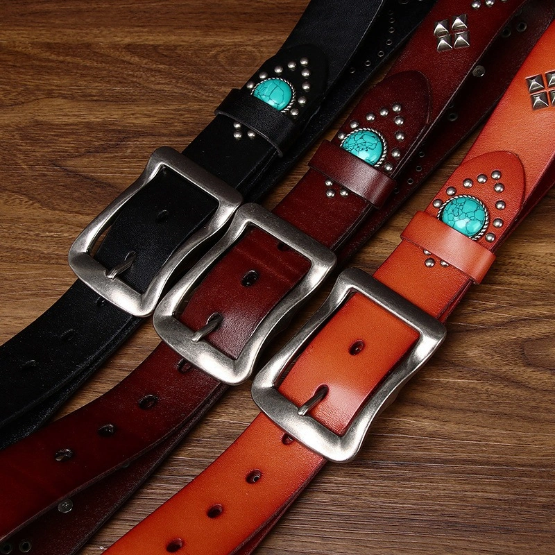 Sierra Turquoise-Accent Leather Belt with Alloy Buckle | 3.8cm Wide