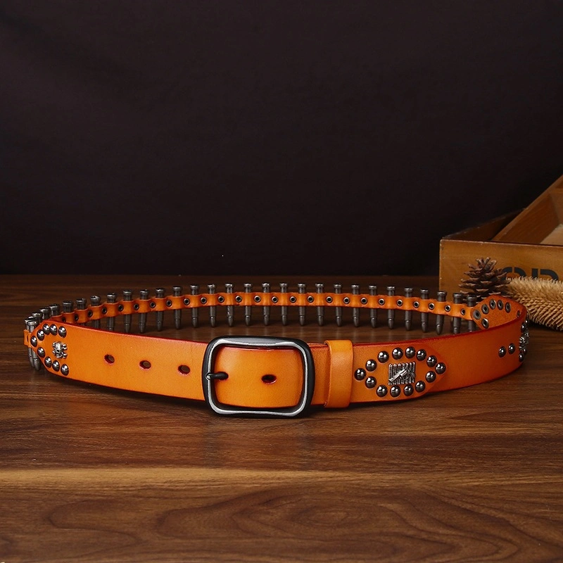 Forge Row Leather Belt with Bullet-Shaped Metal Accents | 3.8cm Wide