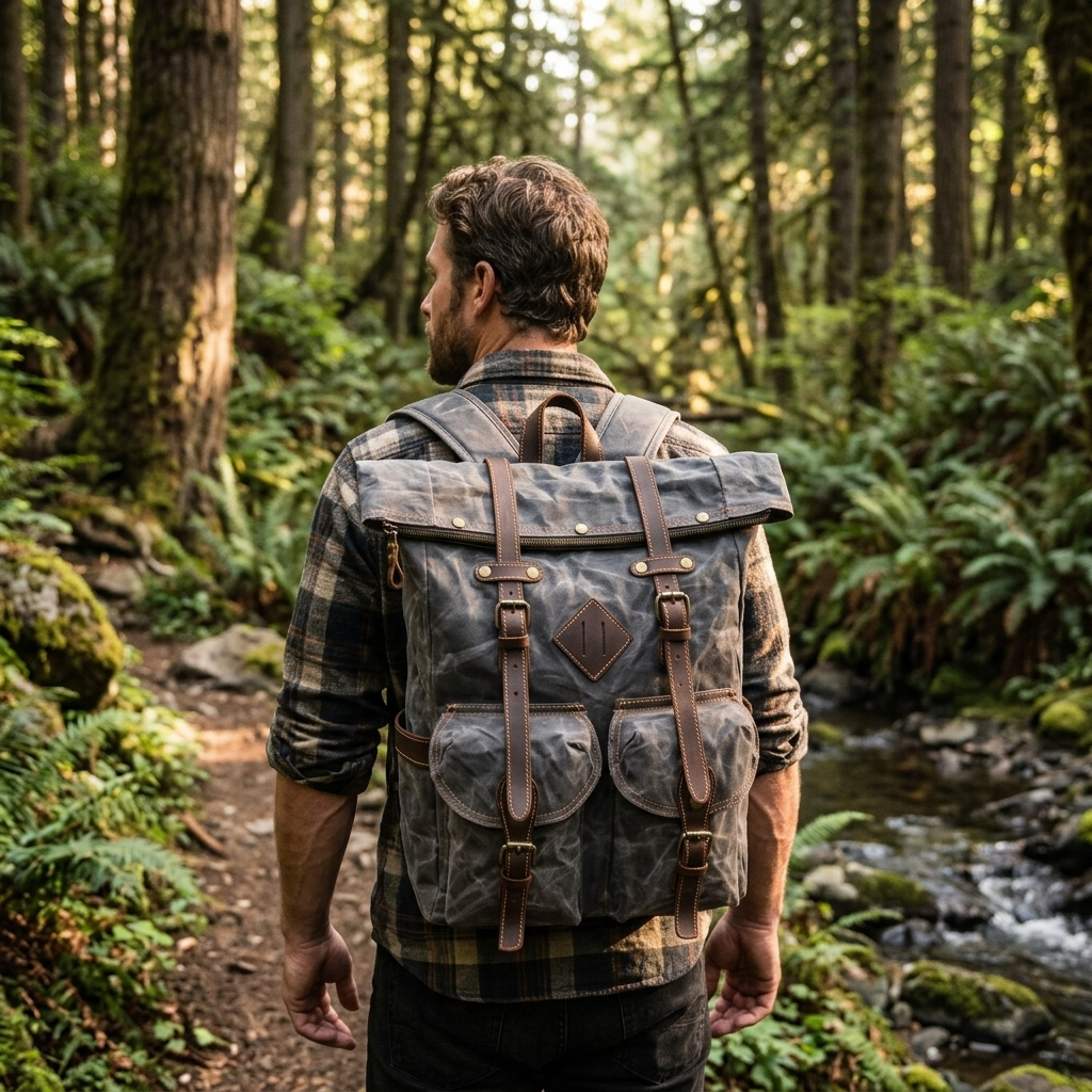 Man wearing the grey Berlin canvas hipster backpack on a forest trail