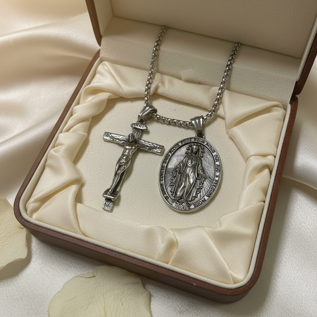 Jesus Cross and Virgin Mary Combination Necklace Pendant-KKICO