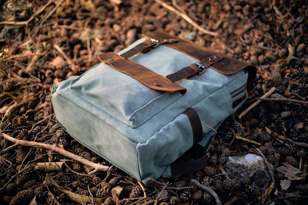 sac &agrave; dos vintage en toile pos&eacute; sur le sol avec des pommes de pin