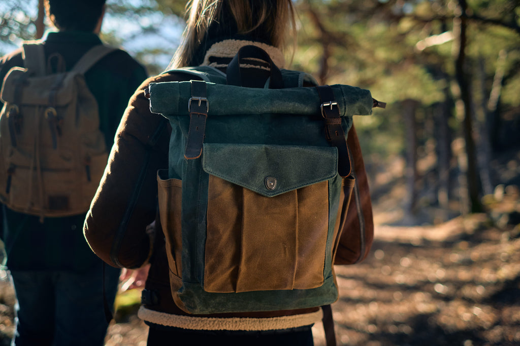 casual unisex men and women oiled leather and waxed canvas roll top travel hiking bag