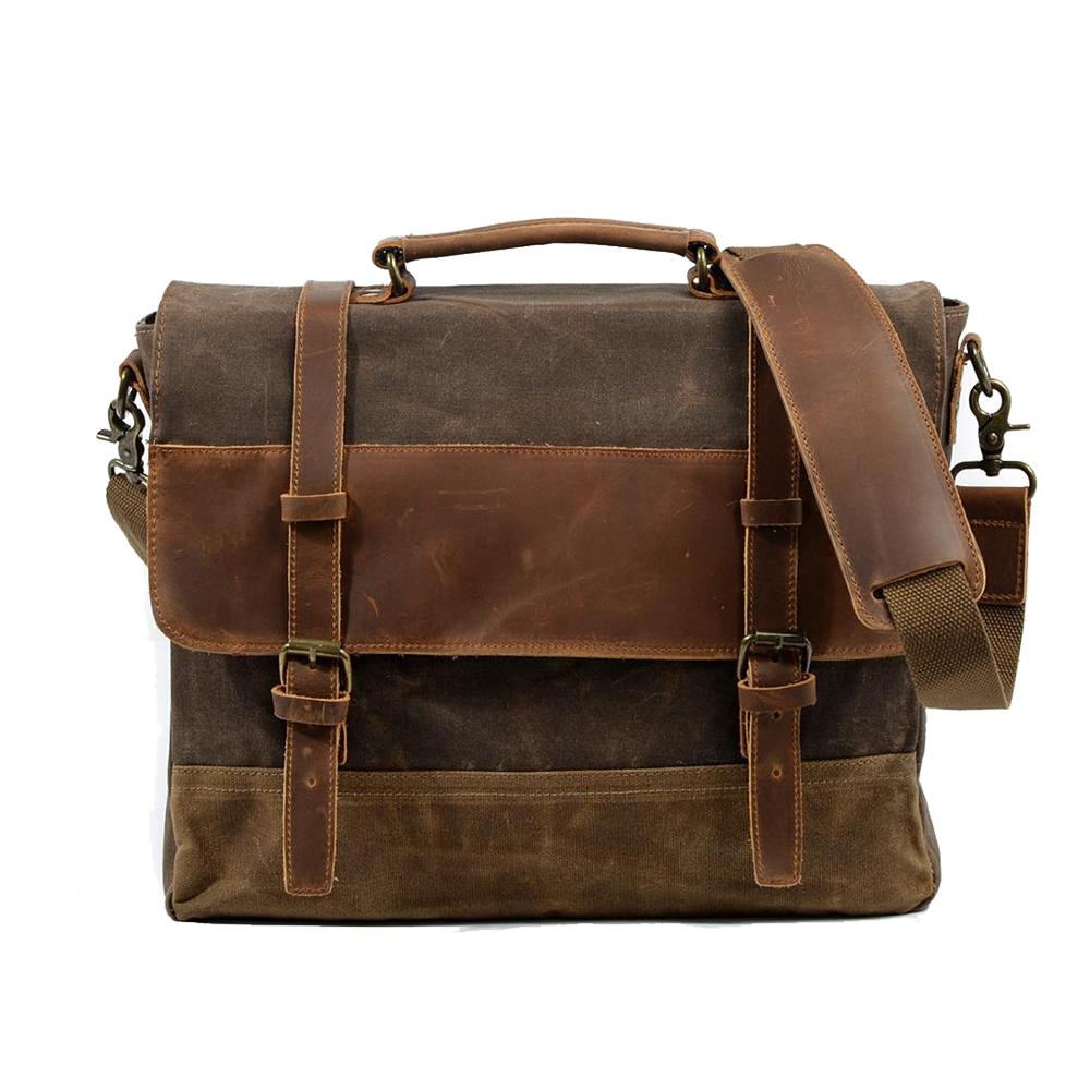 Canvas and leather laptop messenger bag with flap closed