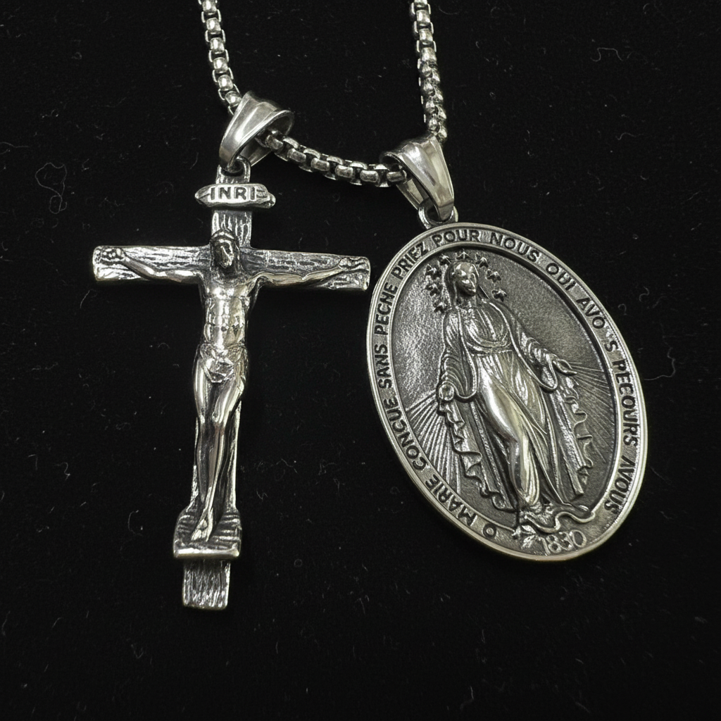 Jesus Cross and Virgin Mary Combination Necklace Pendant-KKICO