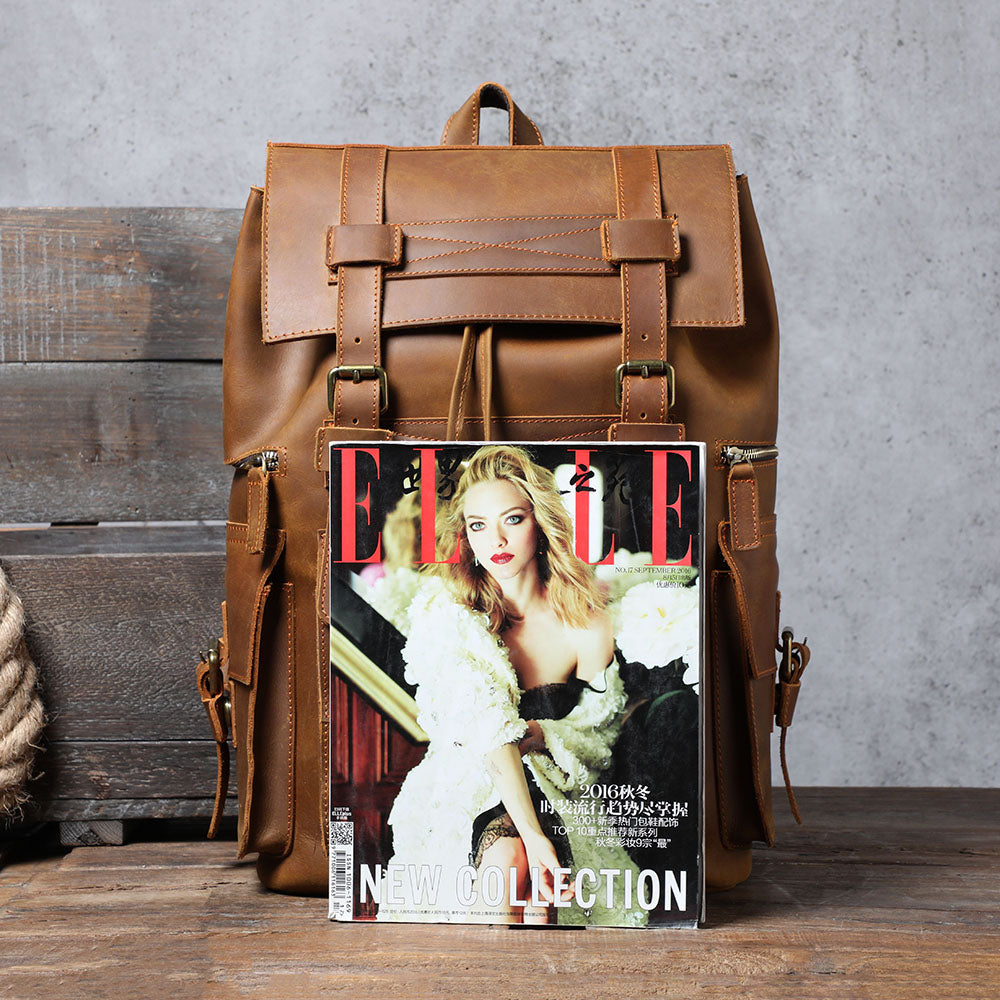 coffee genuine leather backpack for men and women with sturdy webbing and stitching