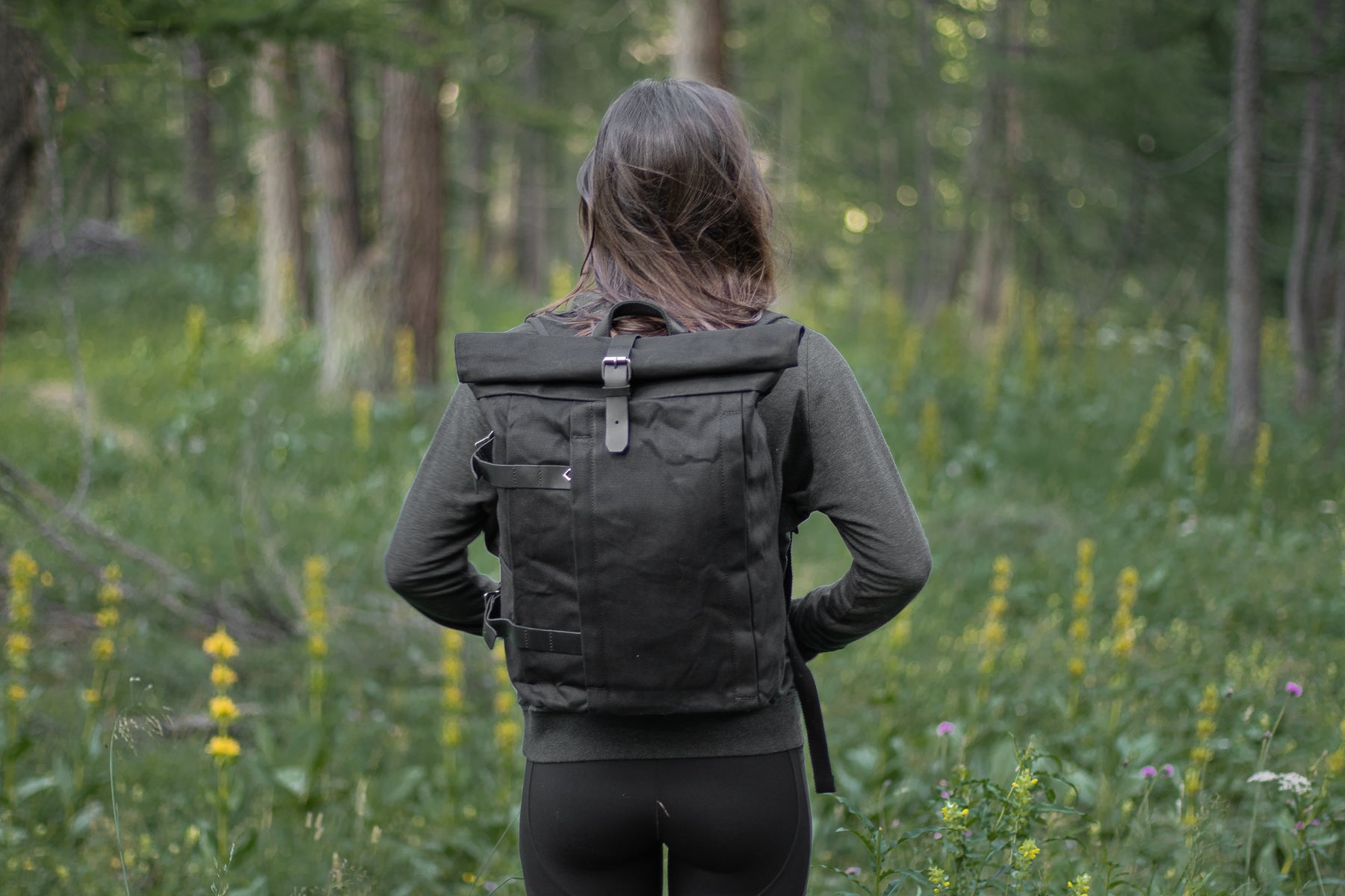 women's biker canvas and leather stachel computer backpack without sternum belt or side pocket