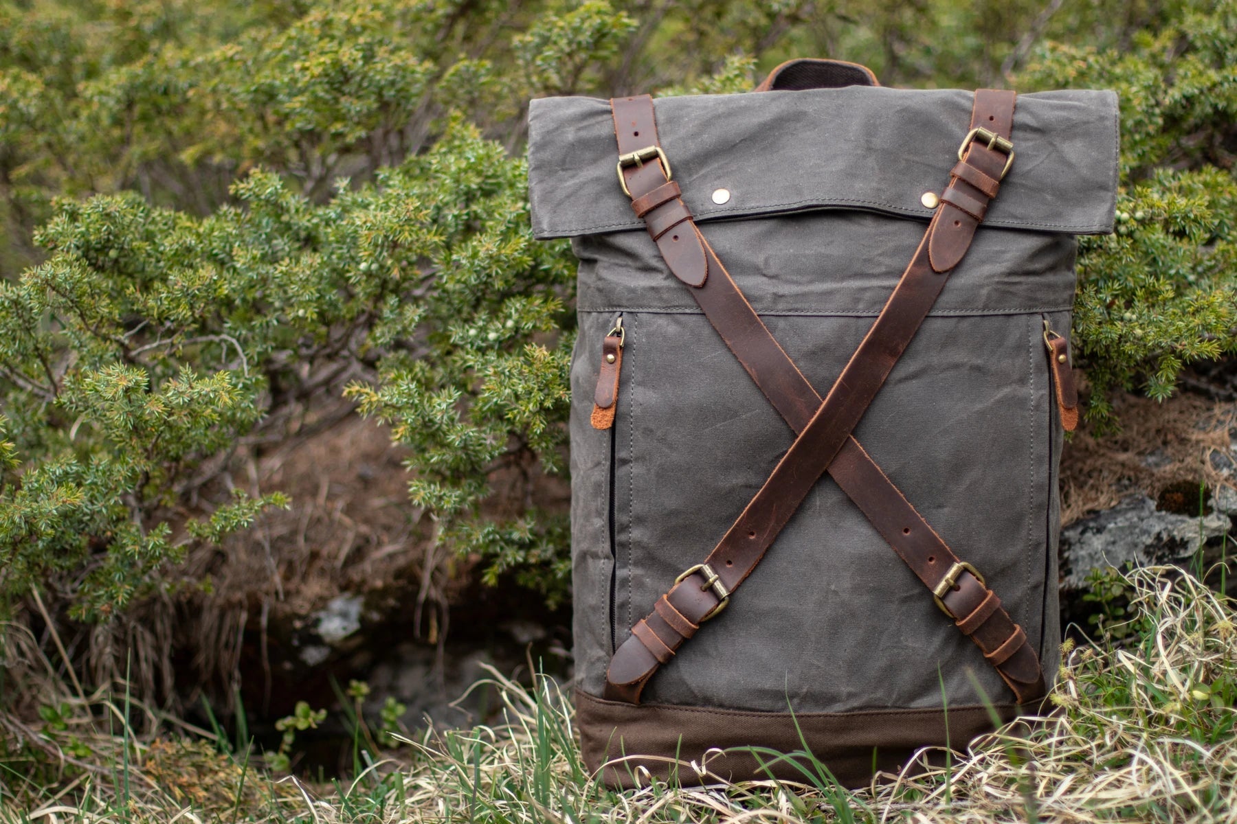 Front view of the dark grey Oslo canvas rucksack on a forest mound with juniper bushes behind. X-cross full-grain leather straps and side zipper pockets visible
