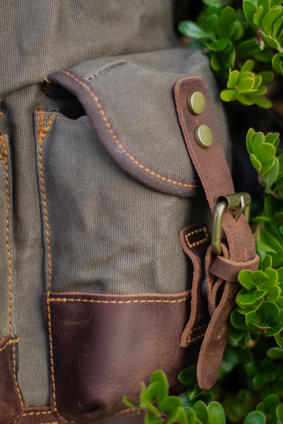 retro style canvas hiking backpack with leather accents