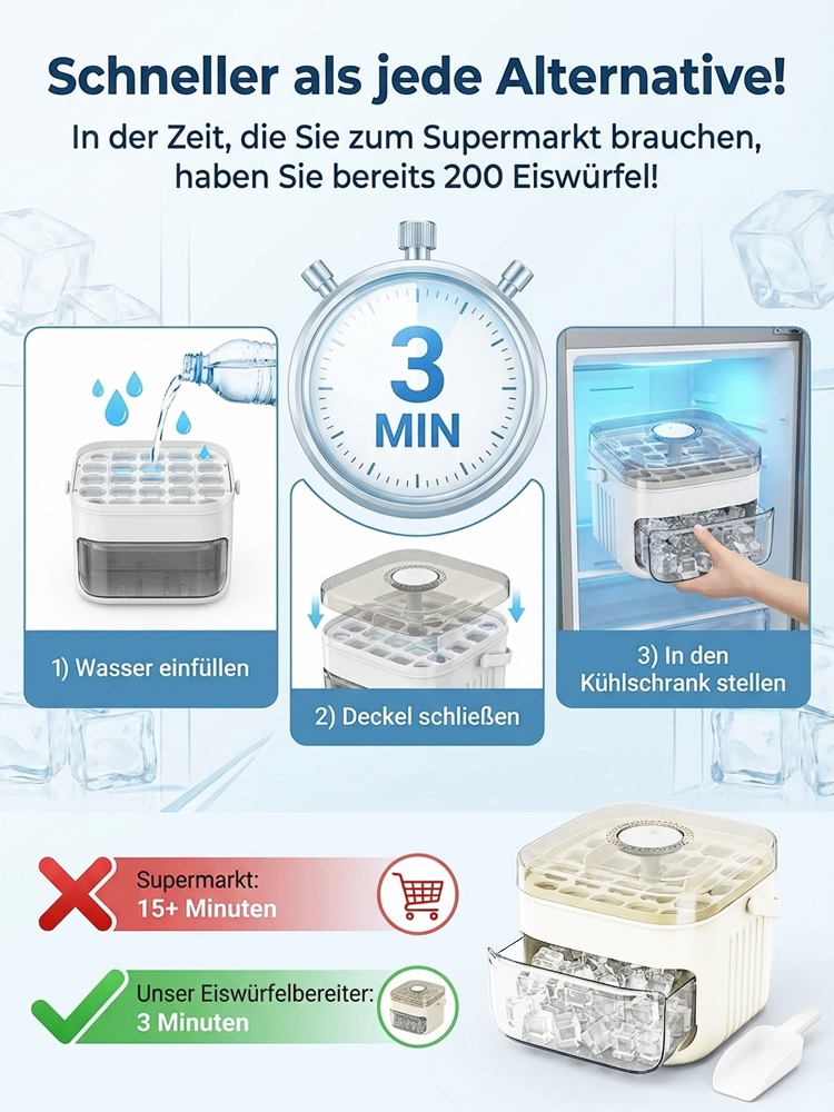 🧊 Das ultimative Sommer-Must-have: 200 Eiswürfel auf Knopfdruck! Machen Sie Schluss mit lauwarmen Getränken und dem mühsamen Herumpatschen an alten Eisformen. Genießen Sie perfekt temperierte Cocktails und Longdrinks