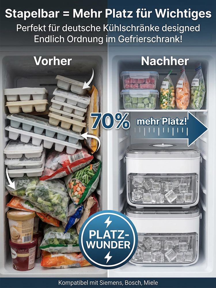 🧊 Das ultimative Sommer-Must-have: 200 Eiswürfel auf Knopfdruck! Machen Sie Schluss mit lauwarmen Getränken und dem mühsamen Herumpatschen an alten Eisformen. Genießen Sie perfekt temperierte Cocktails und Longdrinks