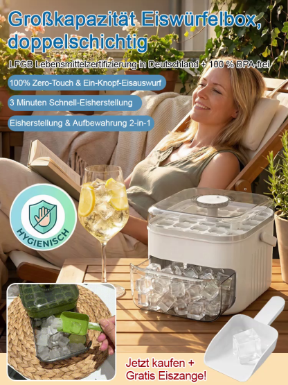 🧊 Das ultimative Sommer-Must-have: 200 Eiswürfel auf Knopfdruck! Machen Sie Schluss mit lauwarmen Getränken und dem mühsamen Herumpatschen an alten Eisformen. Genießen Sie perfekt temperierte Cocktails und Longdrinks