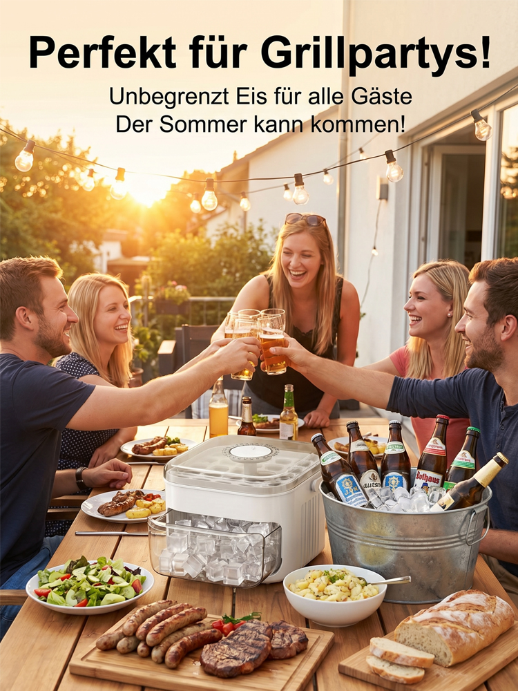 🧊 Das ultimative Sommer-Must-have: 200 Eiswürfel auf Knopfdruck! Machen Sie Schluss mit lauwarmen Getränken und dem mühsamen Herumpatschen an alten Eisformen. Genießen Sie perfekt temperierte Cocktails und Longdrinks