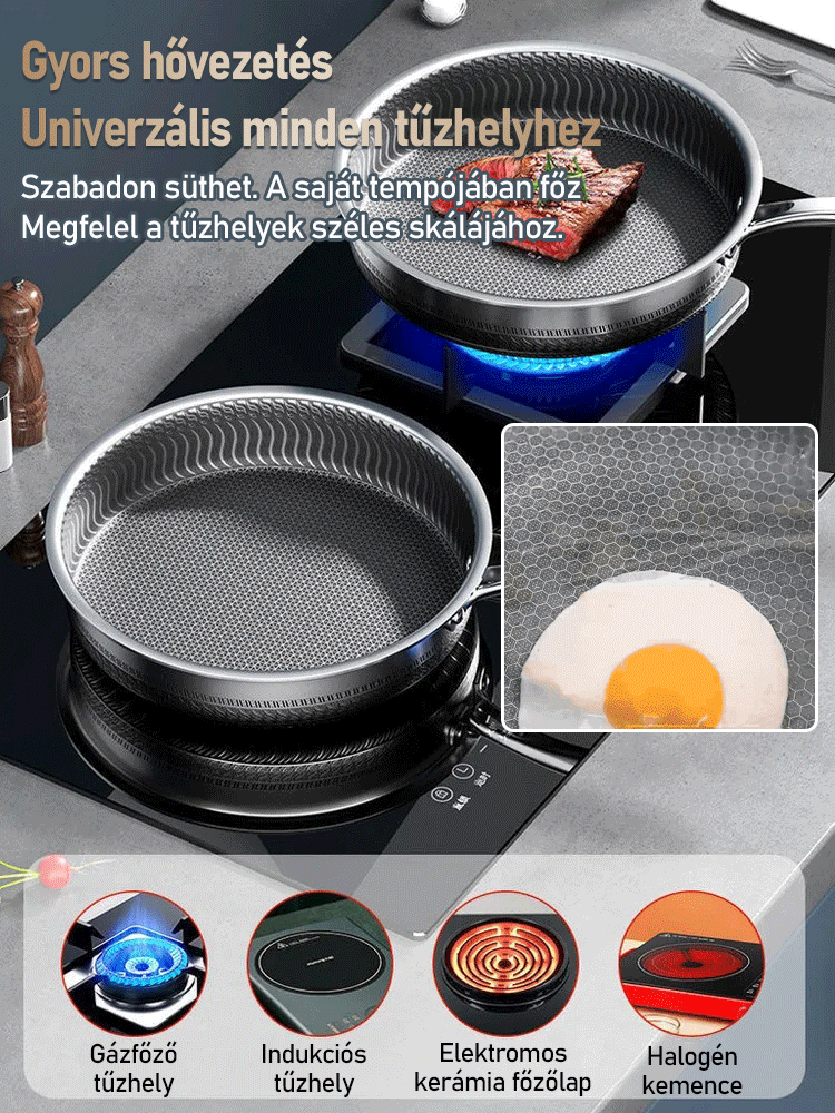 Prémium rozsdamentes acél serpenyő, 3 az 1-ben multifunkciós edény