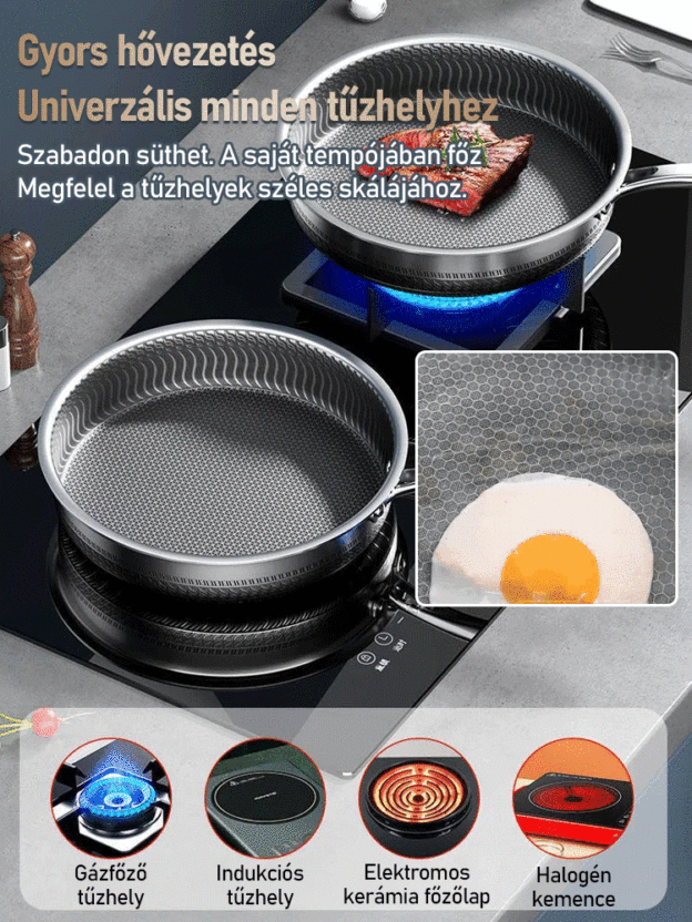 Prémium rozsdamentes acél serpenyő, 3 az 1-ben multifunkciós edény