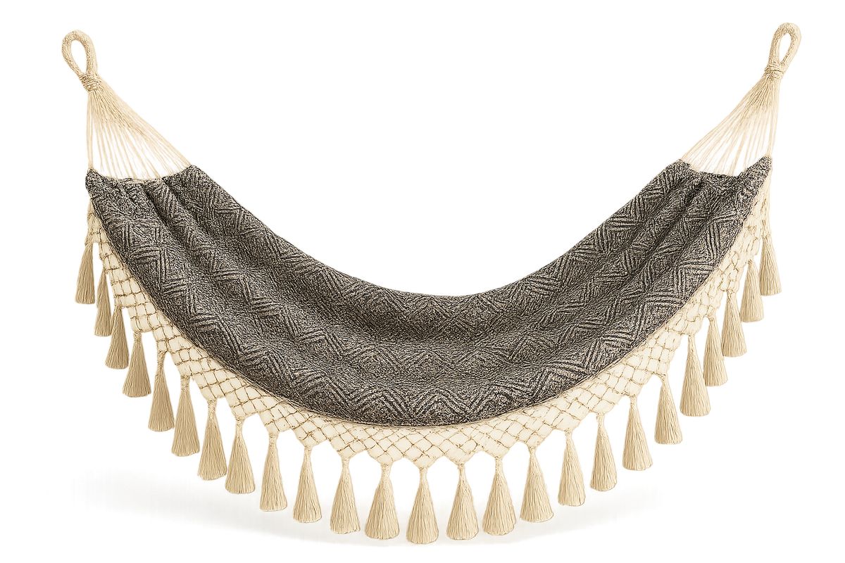 Riipumatto Puuvilla Makramee Hapsut Beige/Musta 200cm-Verdeharmonia